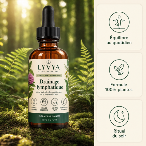 Flacon Lyvya Drainage lymphatique en forêt