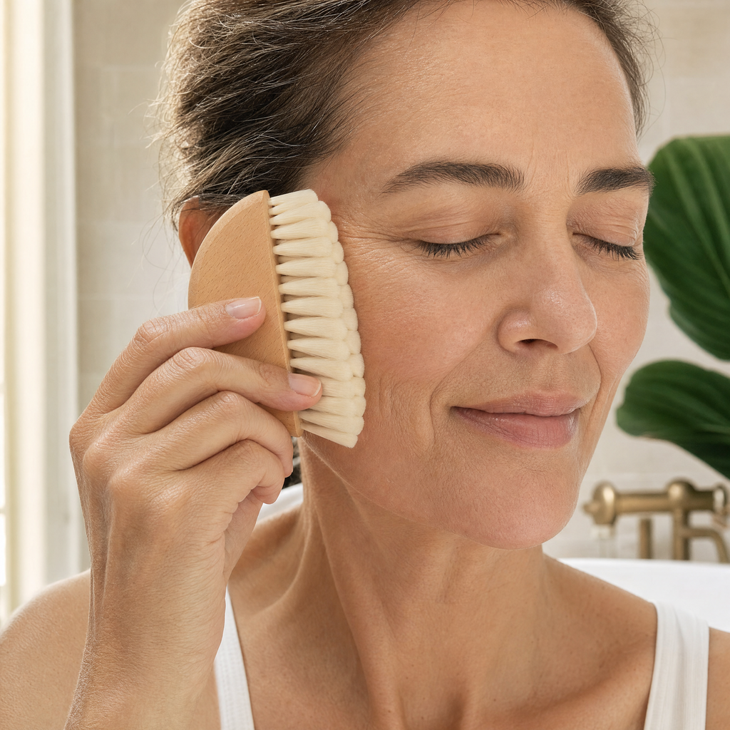 Femme utilisant la brosse visage Lyvya d'un geste doux vers le haut sur la joue