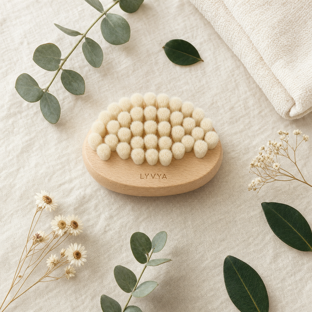 Brosse visage Lyvya posée sur du lin avec eucalyptus et fleurs séchées