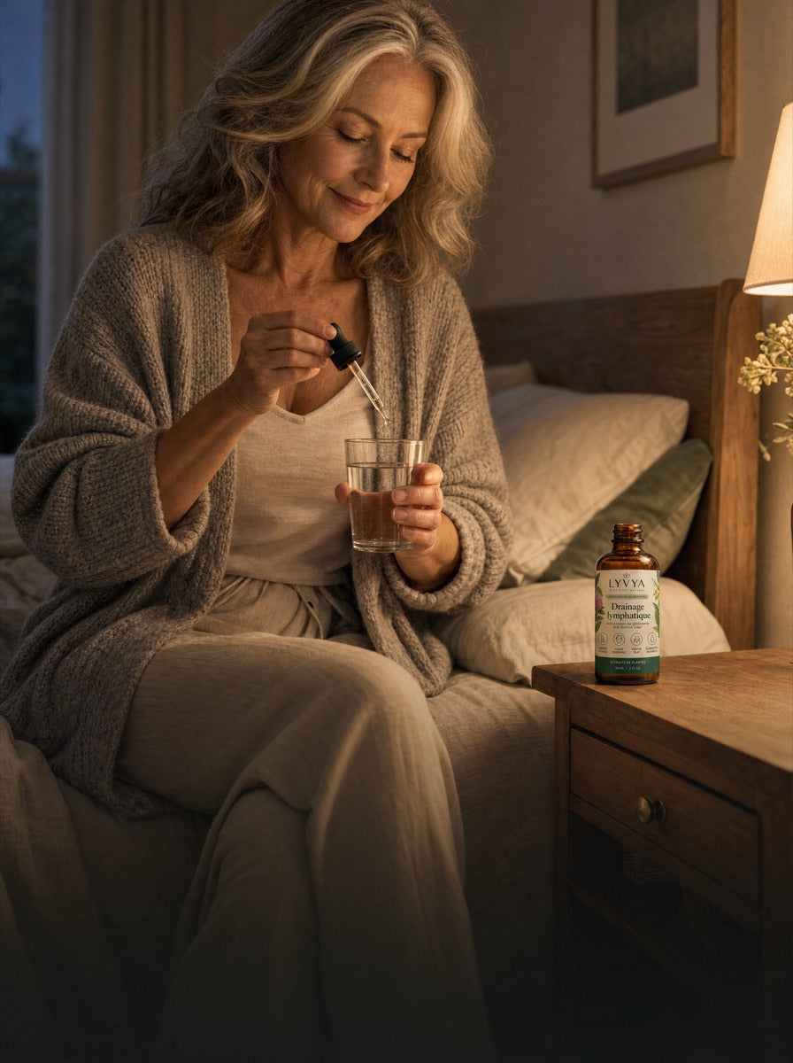 Femme préparant son verre Lyvya le soir dans sa chambre