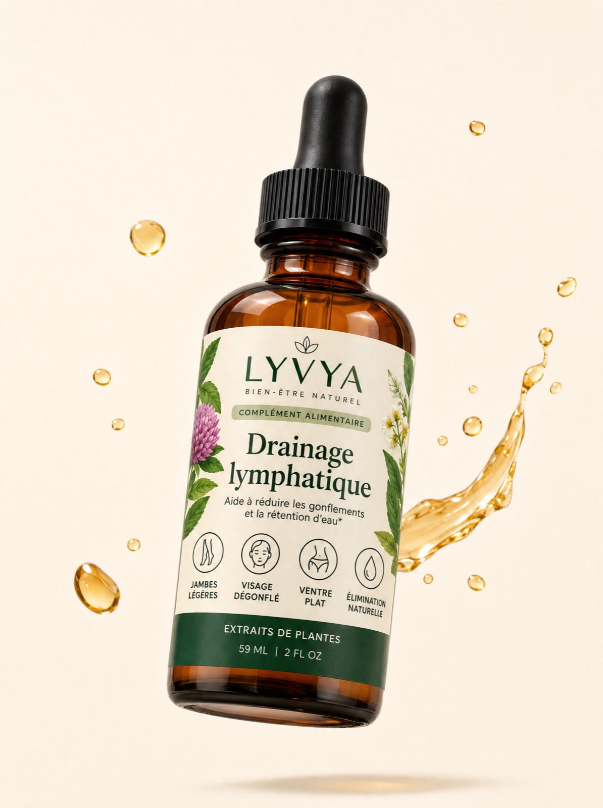 Flacon Lyvya de 59 ml, étiquette de face, entouré de gouttes ambrées