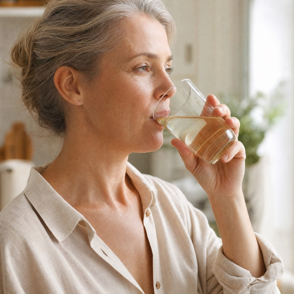 Femme buvant un verre d'eau le soir