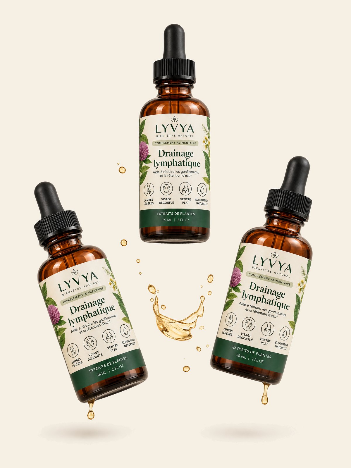Trois flacons compte-gouttes Lyvya Drainage lymphatique en suspension, avec quelques gouttes d'extrait ambré